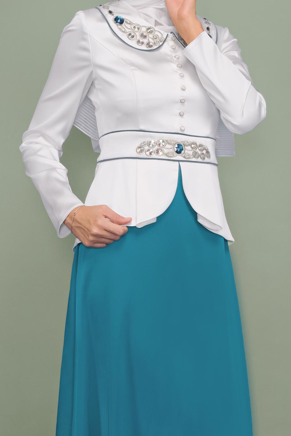 Tesettür giyim MAVİ BEBE YAKA İŞLEMELİ ABİYE T 5938