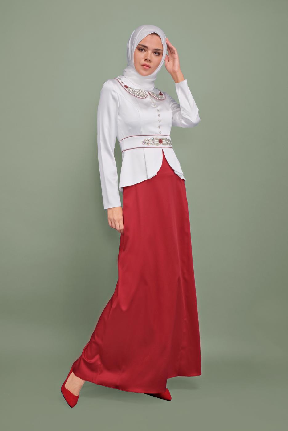 Tesettür giyim KIRMIZI BEBE YAKA İŞLEMELİ ABİYE T 5938