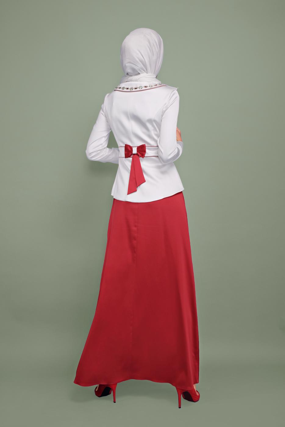 Tesettür giyim KIRMIZI BEBE YAKA İŞLEMELİ ABİYE T 5938