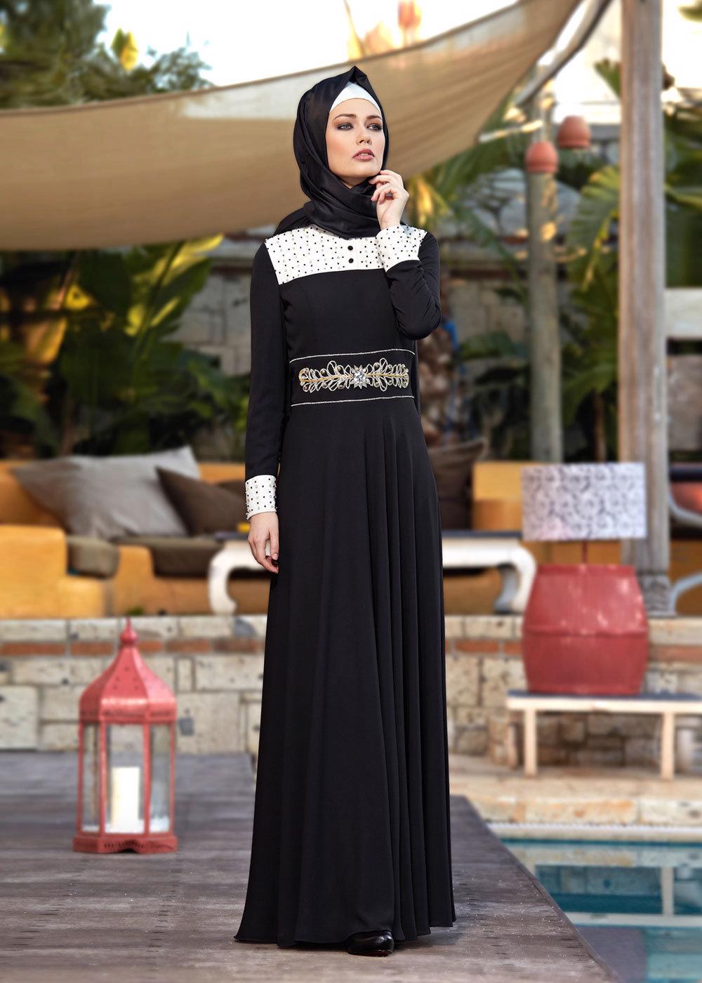 Tesettür giyim SİYAH  ALVİNA BONCUKLU TAŞLI ABİYE ELBİSE 5939 