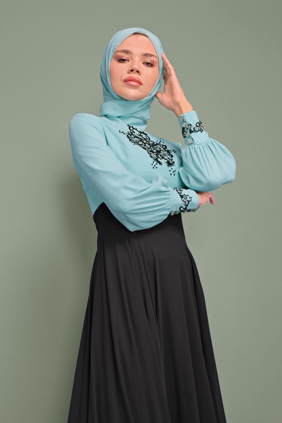 Tesettür giyim YEŞİL NAKIŞLI İŞLEMELİ ABİYE T 5941 