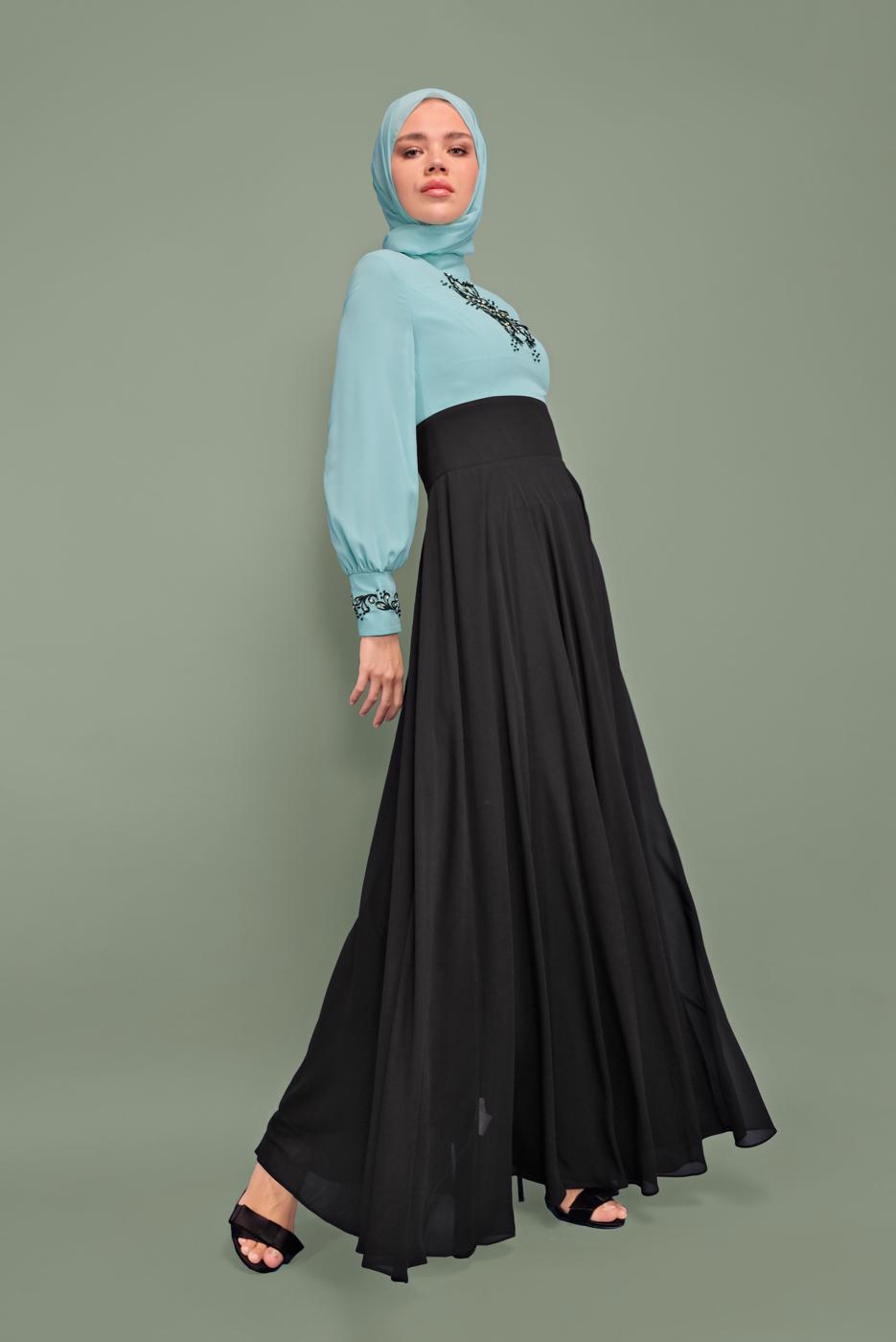 Tesettür giyim YEŞİL NAKIŞLI İŞLEMELİ ABİYE T 5941 