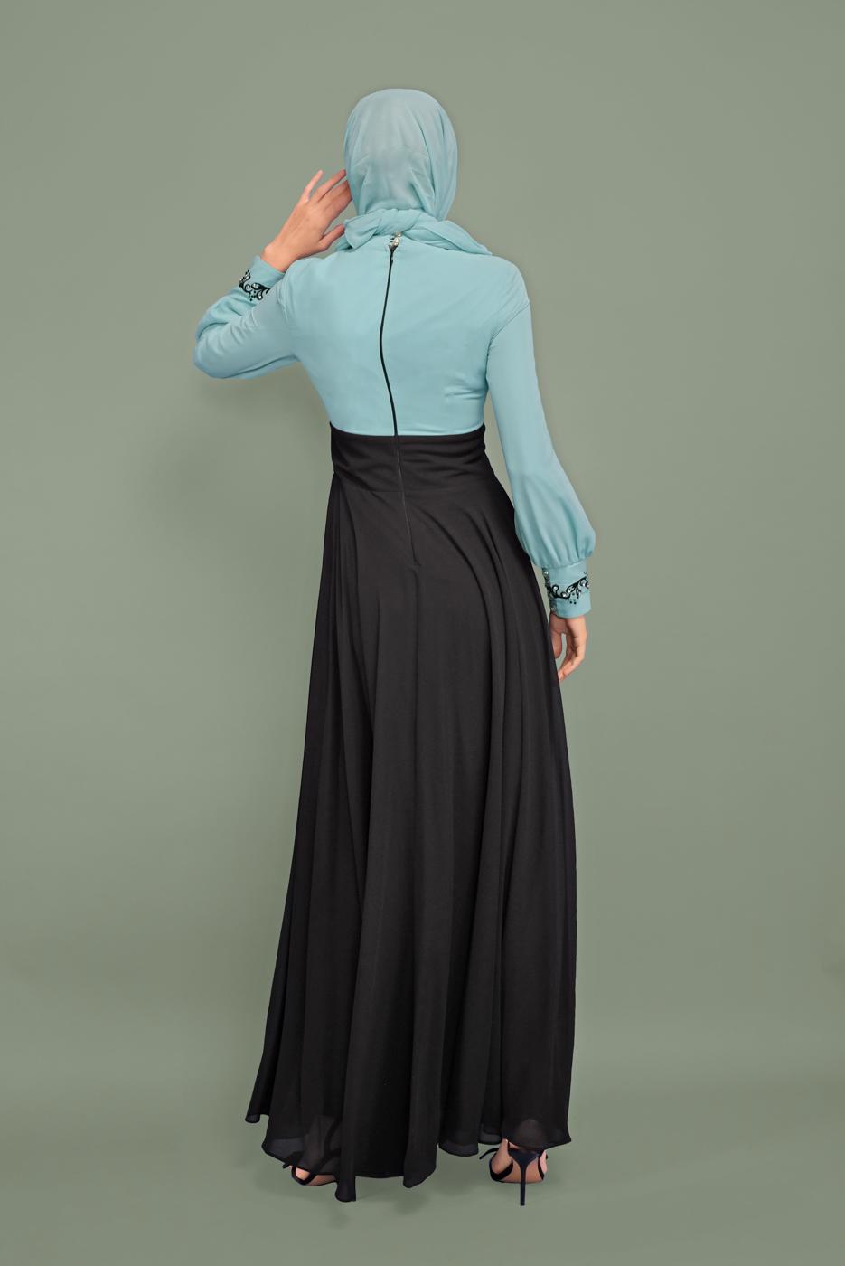 Tesettür giyim YEŞİL NAKIŞLI İŞLEMELİ ABİYE T 5941 