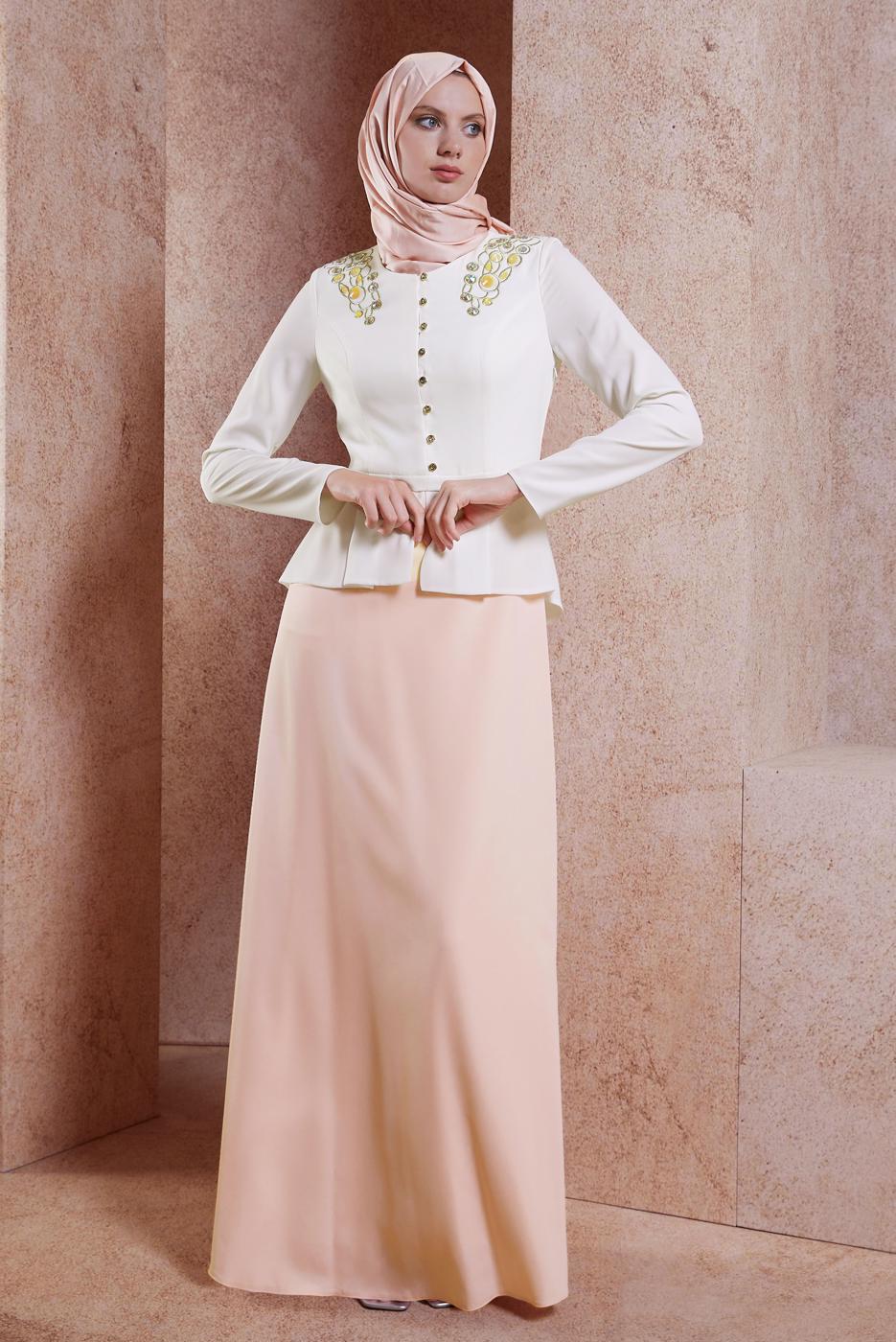 Tesettür giyim PEMBE ALVİNA TAŞ DETAYLI ABİYE ELBİSE T 5944