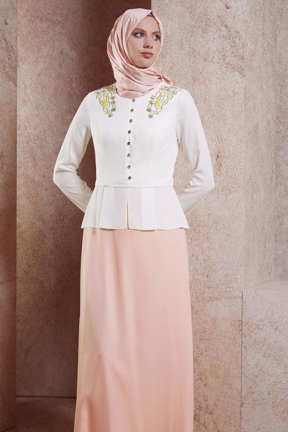 Tesettür giyim PEMBE ALVİNA TAŞ DETAYLI ABİYE ELBİSE T 5944