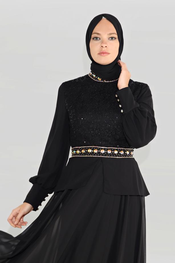 Tesettür giyim  ALVİNA TAŞLI PUL PAYETLİ ABİYE ELBİSE 5948 - TRENDTESETTÜR