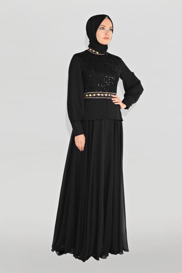 Tesettür giyim  ALVİNA TAŞLI PUL PAYETLİ ABİYE ELBİSE 5948 - TRENDTESETTÜR