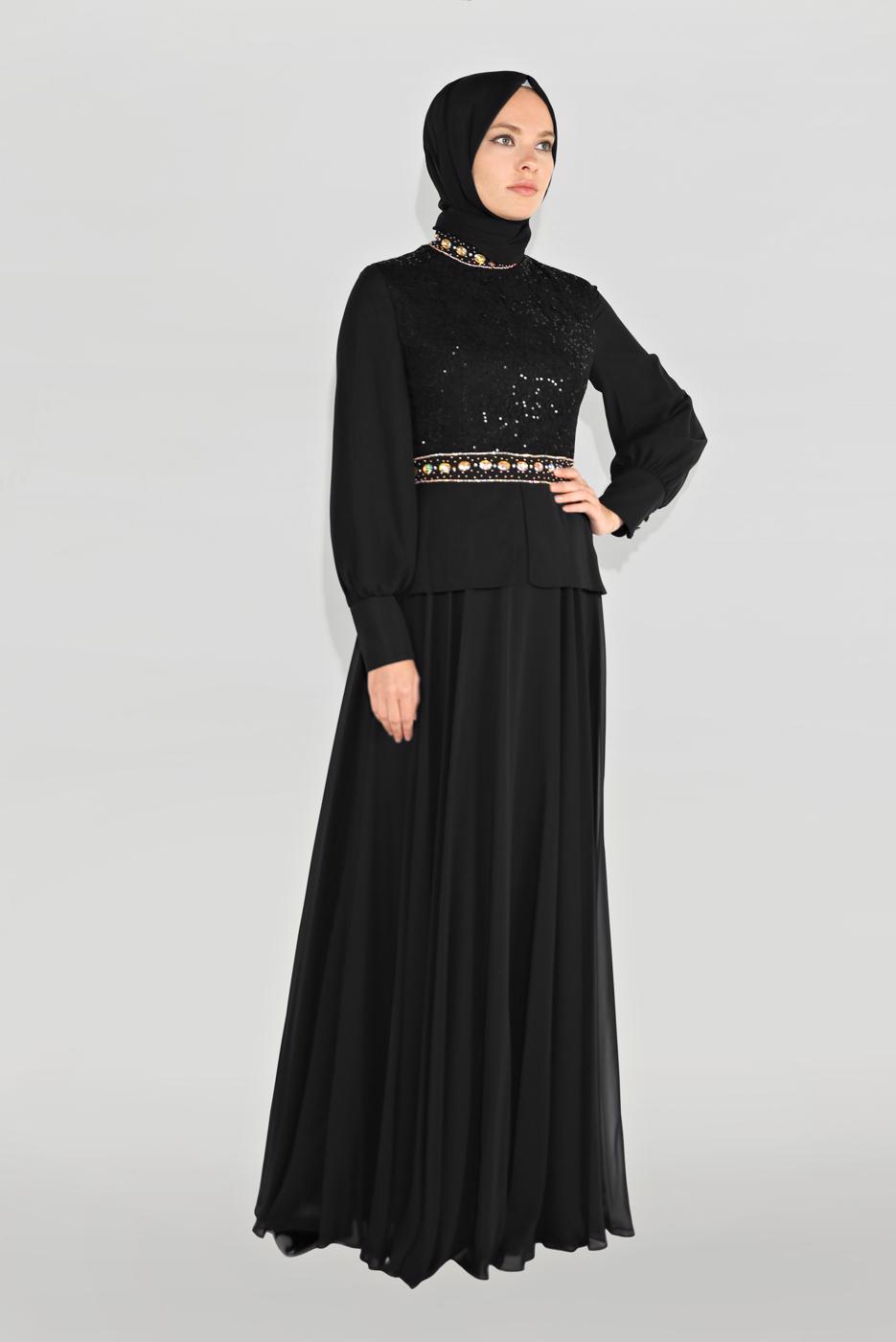 Tesettür giyim SİYAH ALVİNA TAŞLI PUL PAYETLİ ABİYE ELBİSE 5948