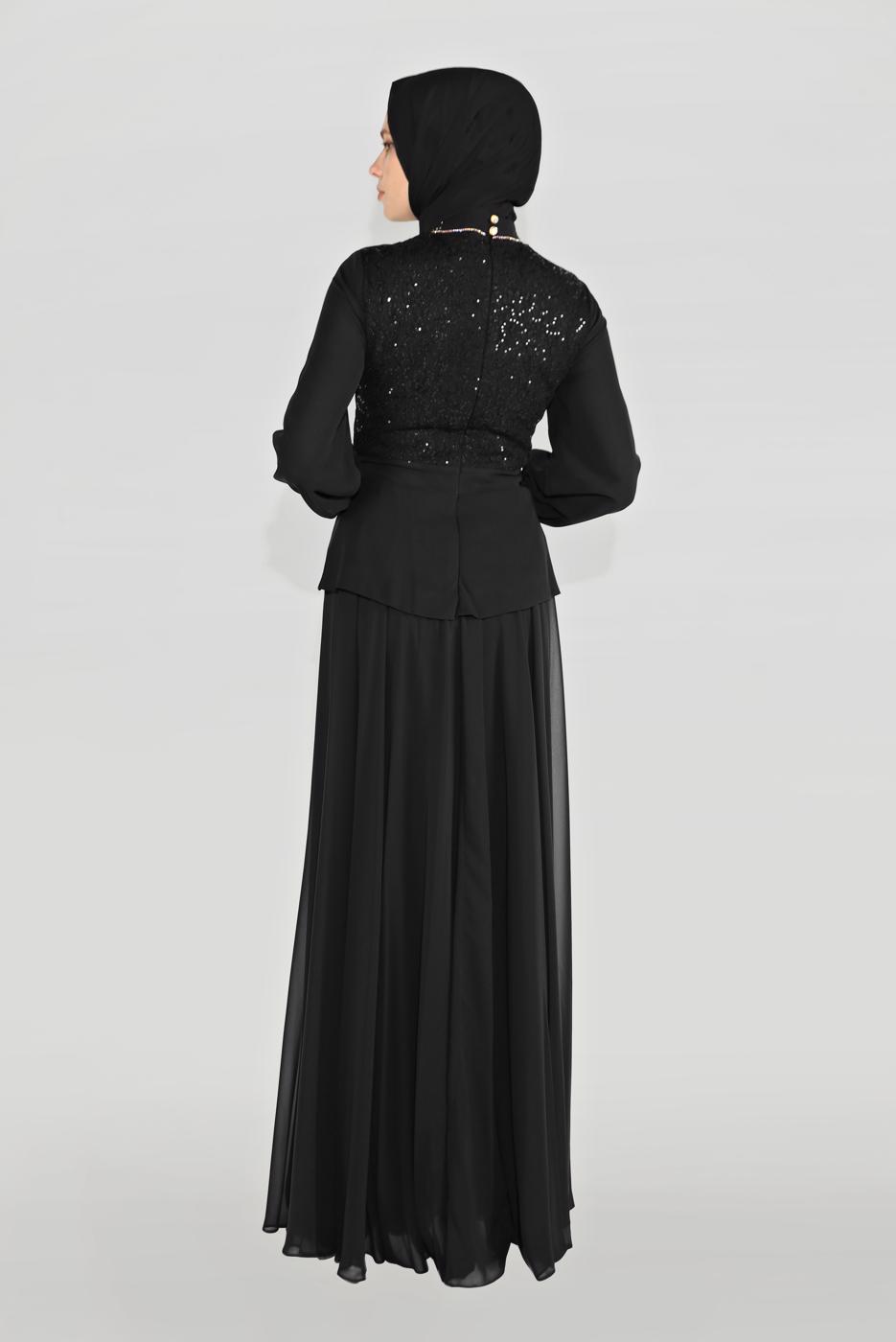 Tesettür giyim SİYAH ALVİNA TAŞLI PUL PAYETLİ ABİYE ELBİSE 5948