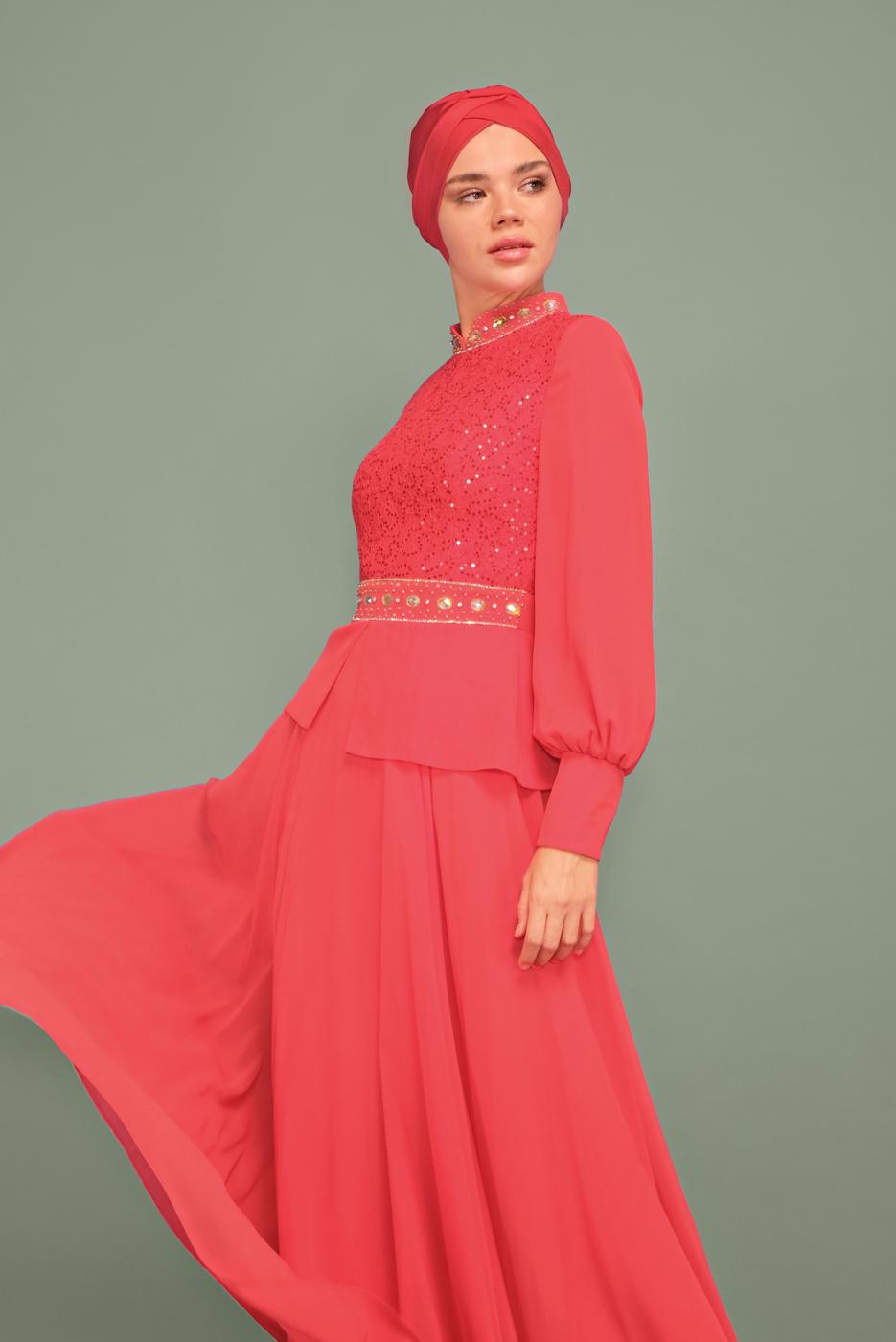 Tesettür giyim MERCAN ALVİNA TAŞLI PUL PAYETLİ ABİYE ELBİSE 5948