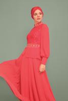 Tesettür giyim MERCAN ALVİNA TAŞLI PUL PAYETLİ ABİYE ELBİSE 5948