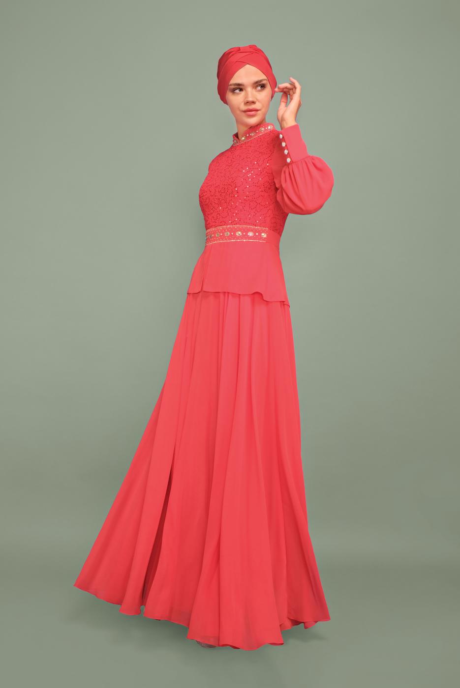 Tesettür giyim MERCAN ALVİNA TAŞLI PUL PAYETLİ ABİYE ELBİSE 5948