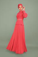 Tesettür giyim MERCAN ALVİNA TAŞLI PUL PAYETLİ ABİYE ELBİSE 5948