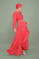 Tesettür giyim MERCAN ALVİNA TAŞLI PUL PAYETLİ ABİYE ELBİSE 5948