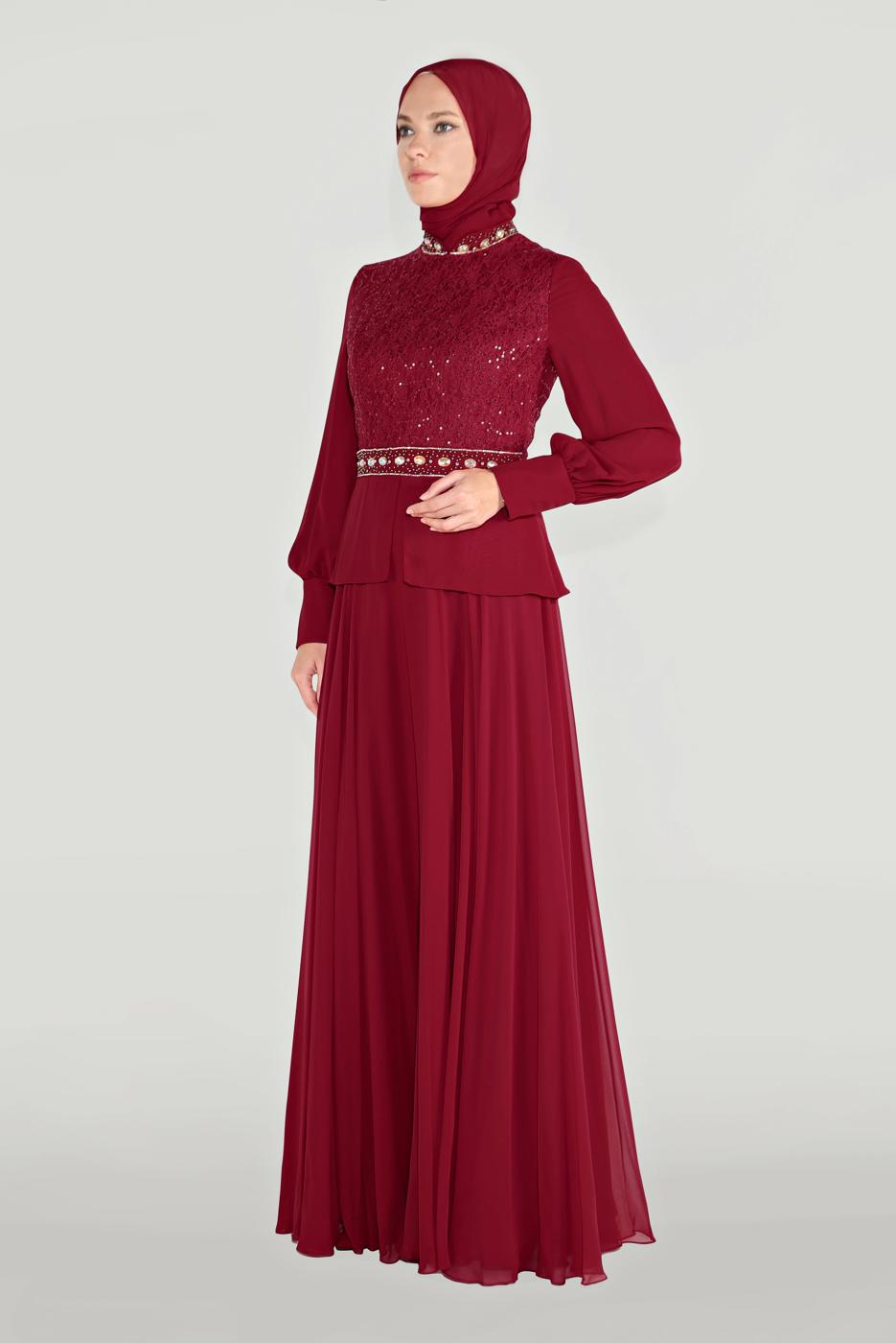 Tesettür giyim BORDO ALVİNA TAŞLI PUL PAYETLİ ABİYE ELBİSE 5948