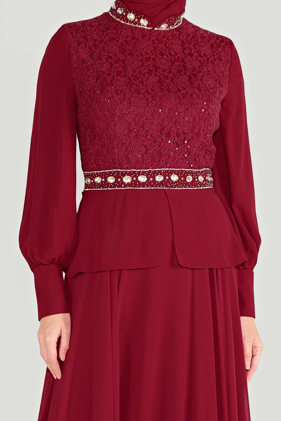 Tesettür giyim BORDO ALVİNA TAŞLI PUL PAYETLİ ABİYE ELBİSE 5948