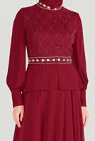 Tesettür giyim BORDO ALVİNA TAŞLI PUL PAYETLİ ABİYE ELBİSE 5948