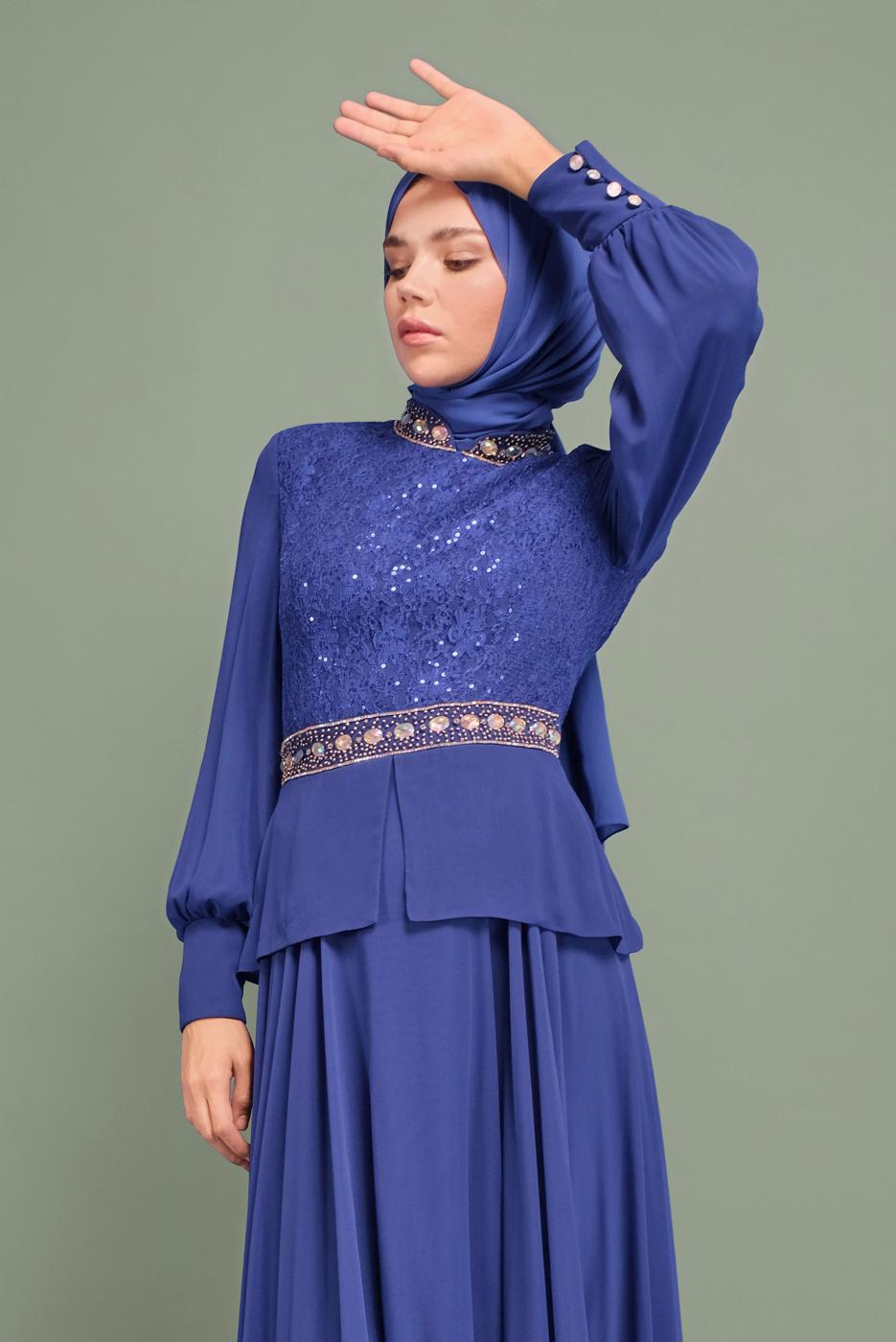 Tesettür giyim LACİVERT ALVİNA TAŞLI PUL PAYETLİ ABİYE ELBİSE 5948