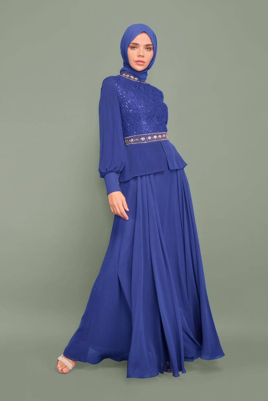 Tesettür giyim LACİVERT ALVİNA TAŞLI PUL PAYETLİ ABİYE ELBİSE 5948