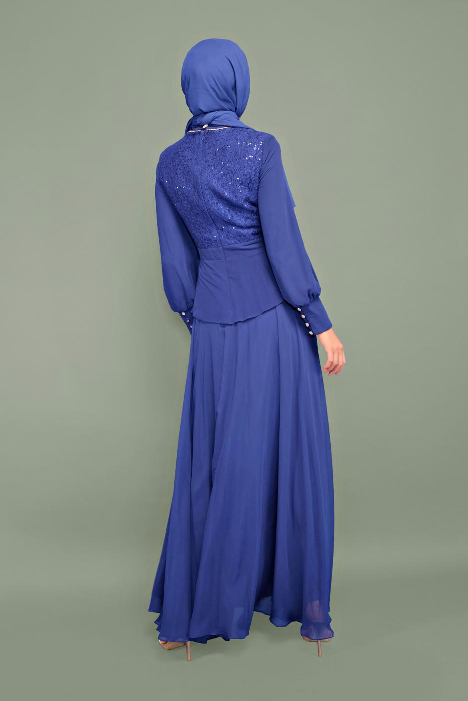 Tesettür giyim LACİVERT ALVİNA TAŞLI PUL PAYETLİ ABİYE ELBİSE 5948
