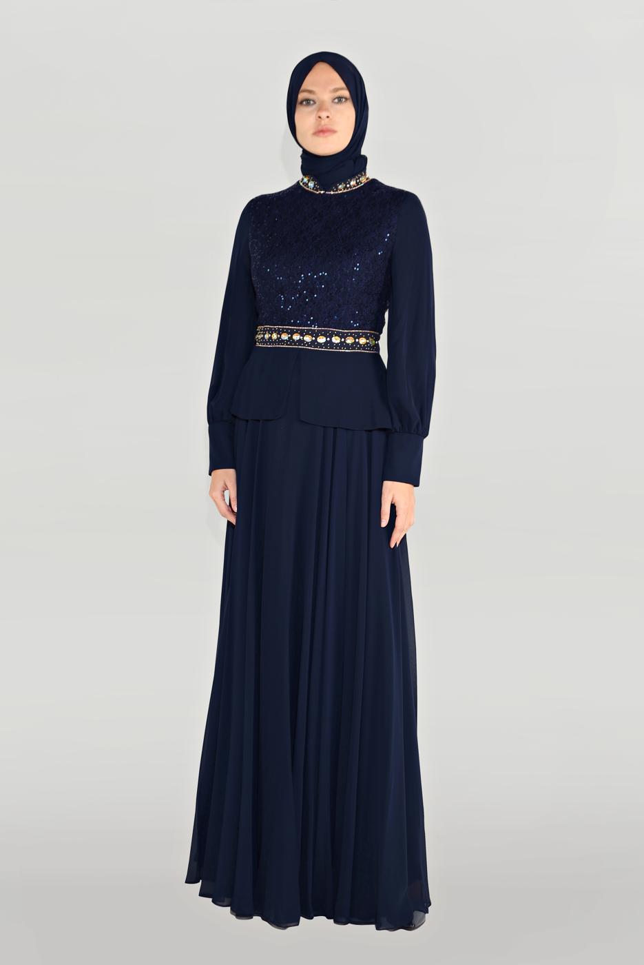 Tesettür giyim LACİVERT ALVİNA TAŞLI PUL PAYETLİ ABİYE ELBİSE 5948