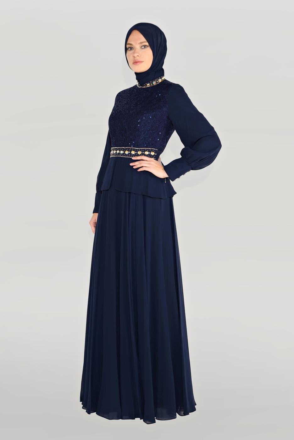 Tesettür giyim LACİVERT ALVİNA TAŞLI PUL PAYETLİ ABİYE ELBİSE 5948