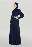 Tesettür giyim LACİVERT ALVİNA TAŞLI PUL PAYETLİ ABİYE ELBİSE 5948