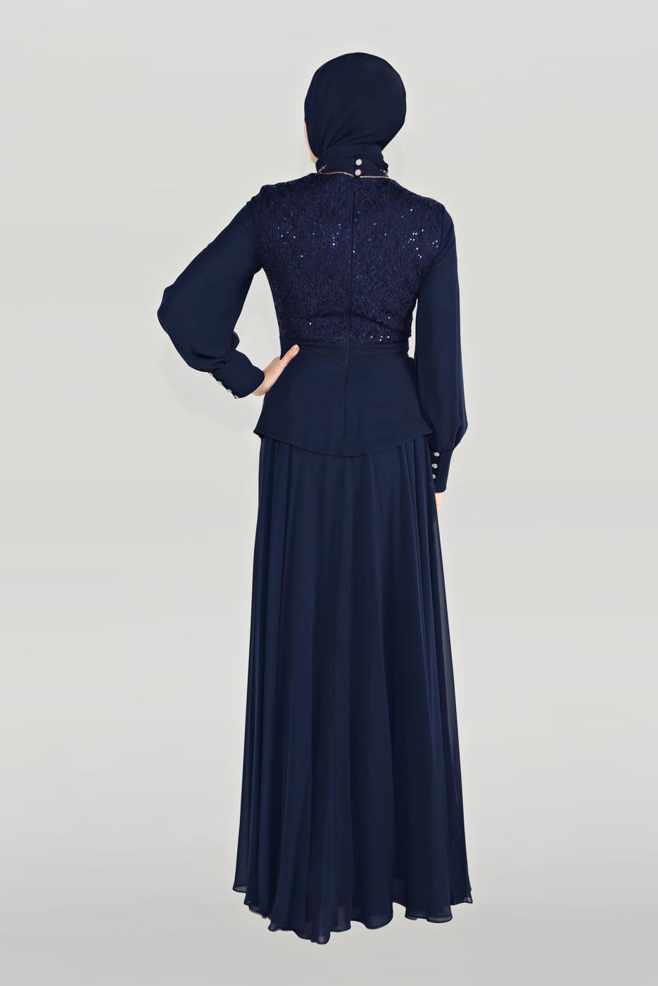 Tesettür giyim LACİVERT ALVİNA TAŞLI PUL PAYETLİ ABİYE ELBİSE 5948