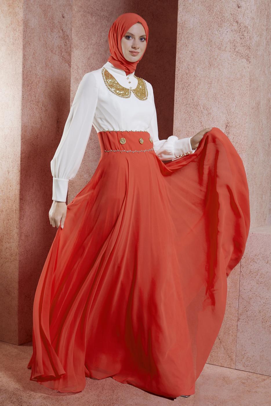 Tesettür giyim MERCAN ALVİNA ŞİFON ABİYE ELBİSE T 5950