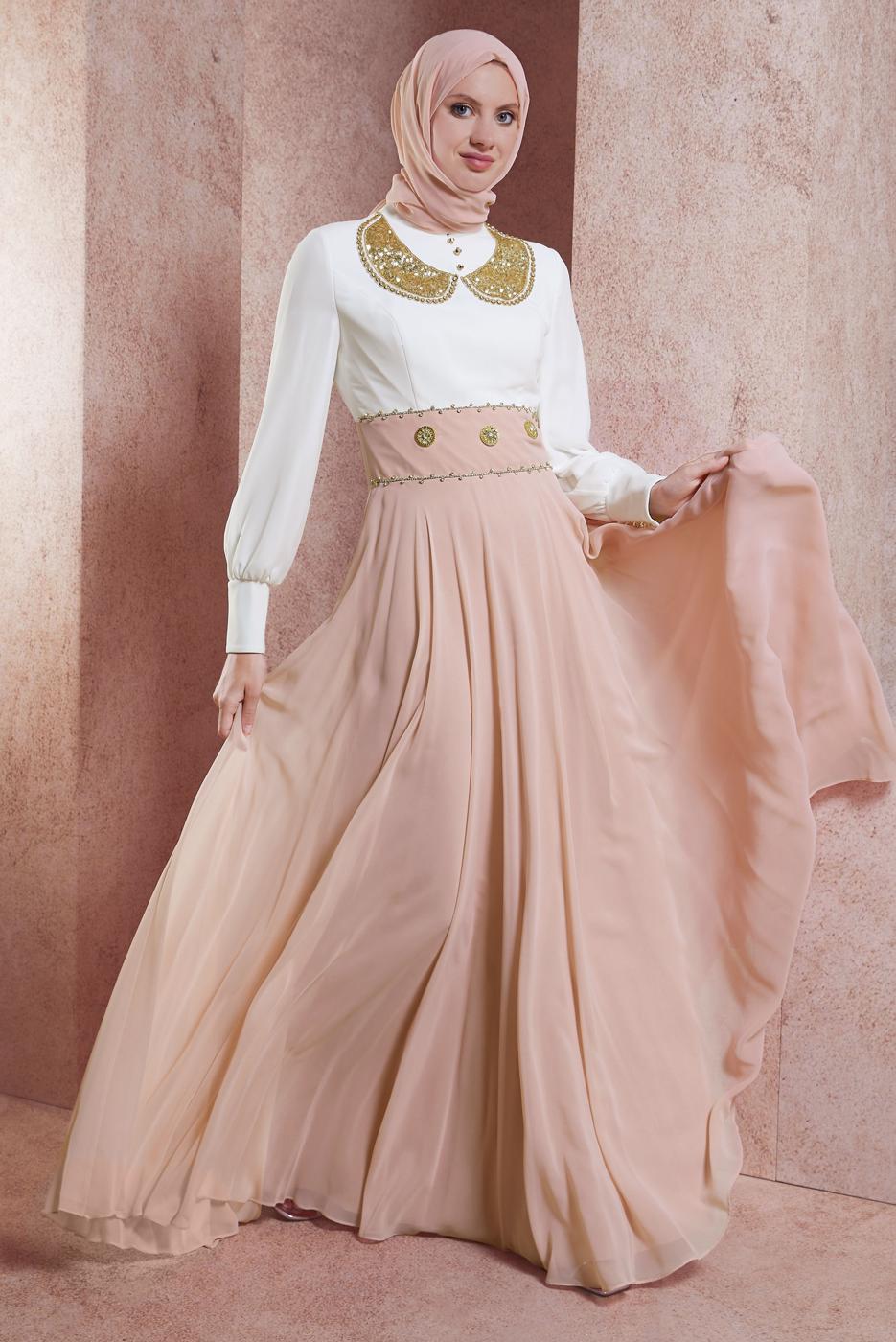 Tesettür giyim PUDRA ALVİNA ŞİFON ABİYE ELBİSE T 5950