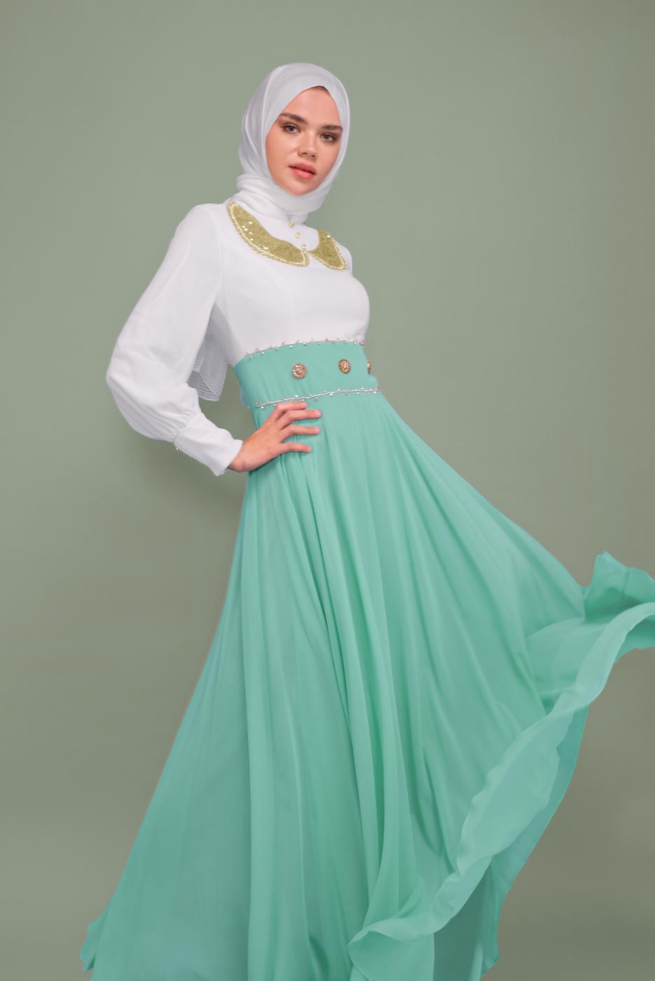 Tesettür giyim YEŞİL ALVİNA ŞİFON ABİYE ELBİSE T 5950