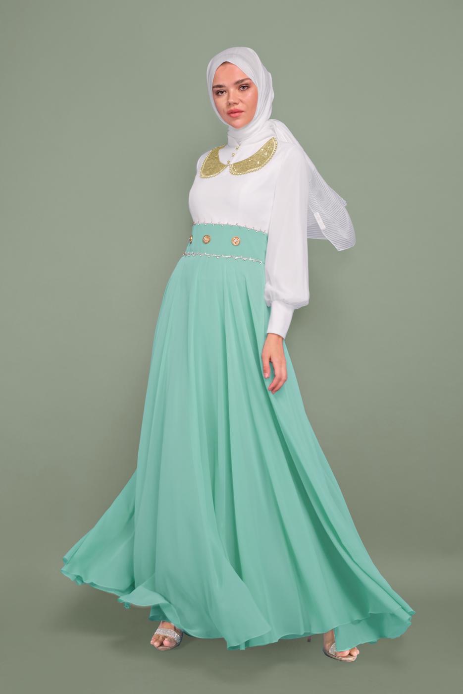Tesettür giyim YEŞİL ALVİNA ŞİFON ABİYE ELBİSE T 5950