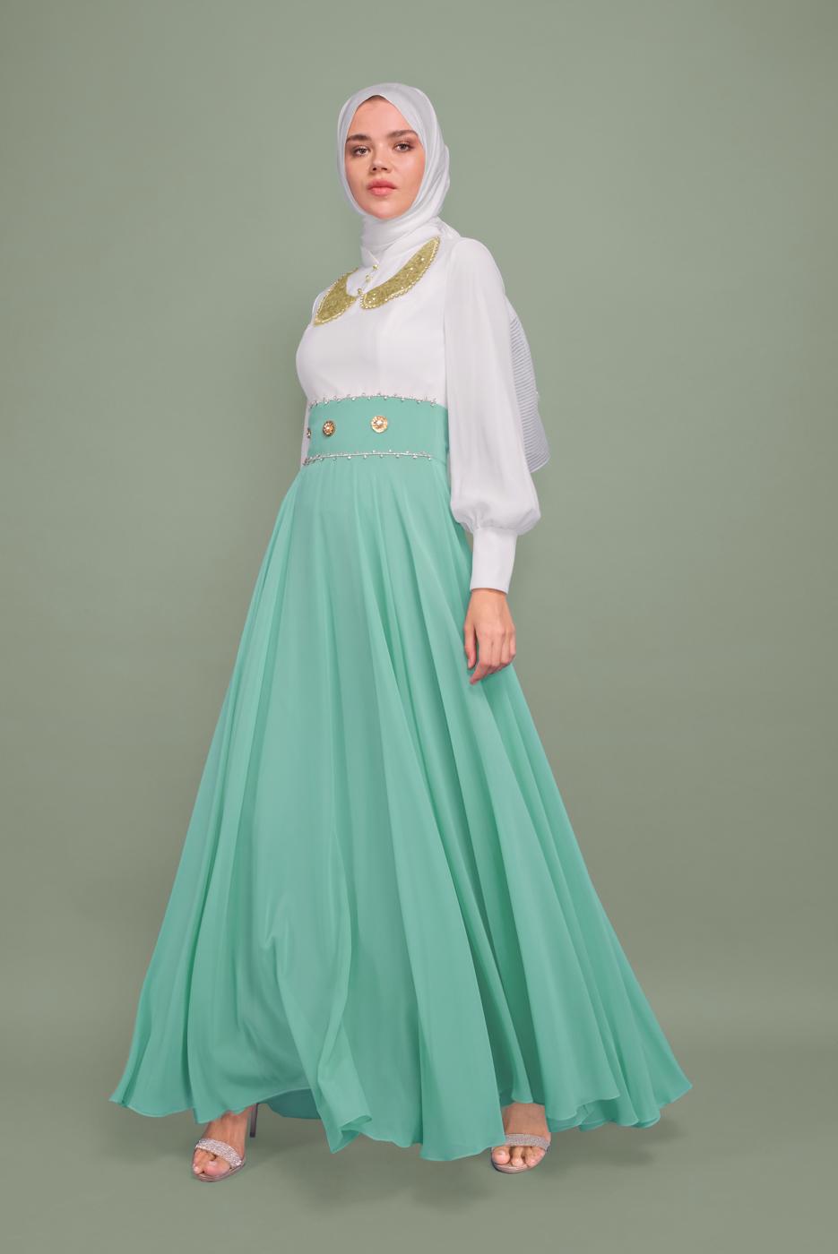 Tesettür giyim YEŞİL ALVİNA ŞİFON ABİYE ELBİSE T 5950