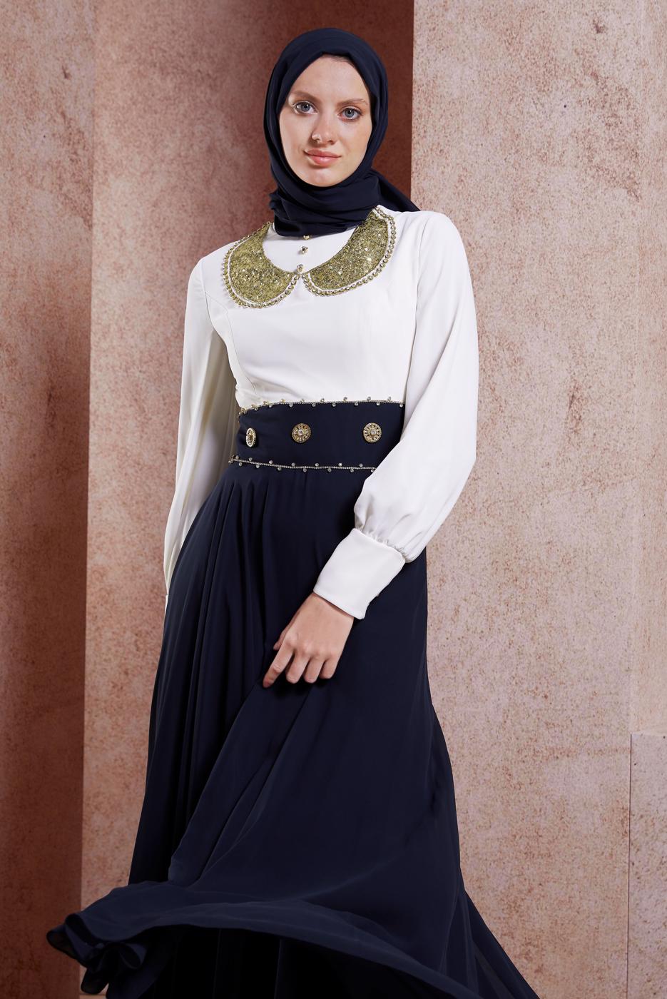 Tesettür giyim LACİVERT ALVİNA ŞİFON ABİYE ELBİSE T 5950