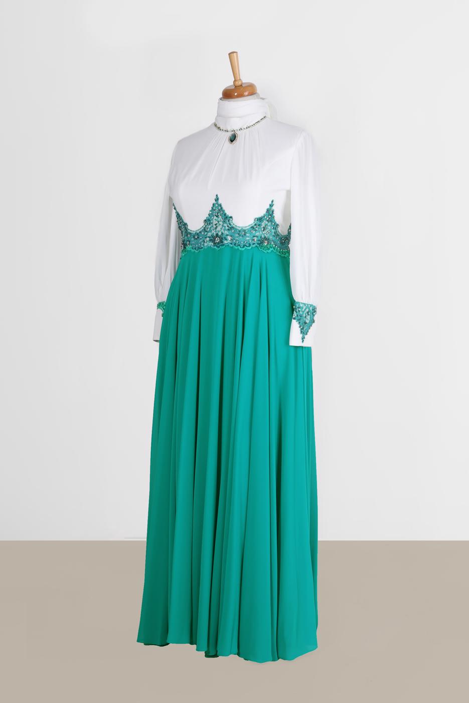 Tesettür giyim MAVİ ALVİNA TAŞ DETAYLI GÜPÜRLÜ ŞİFON ABİYE 5952 