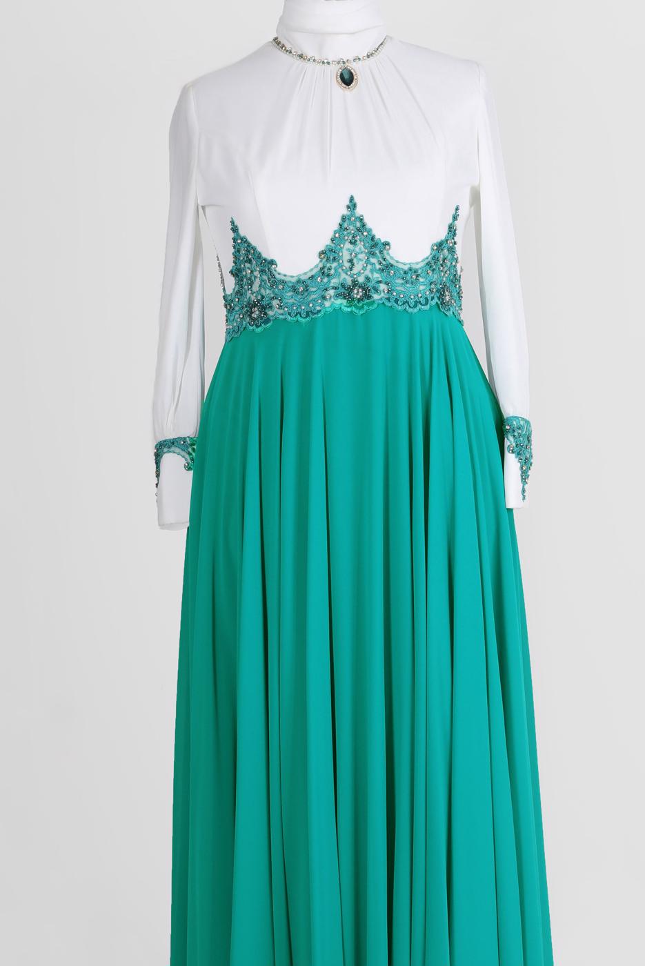 Tesettür giyim MAVİ ALVİNA TAŞ DETAYLI GÜPÜRLÜ ŞİFON ABİYE 5952 