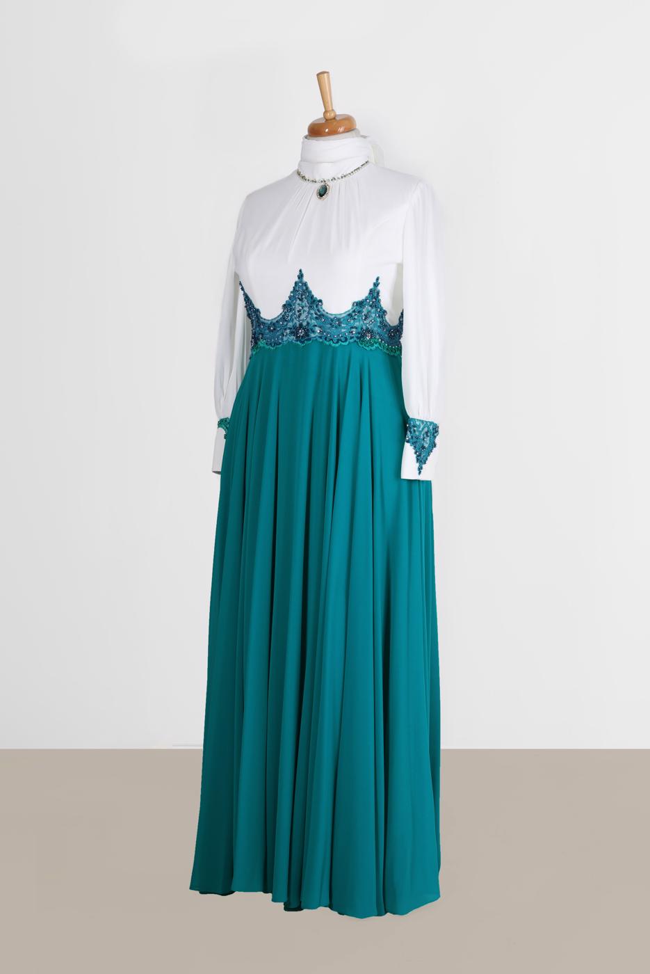 Vêtements hijab BLEU ALVİNA GEM DETAIL GUIPURED ROBE DE SOIRÉE EN MOUSSELINE 5952