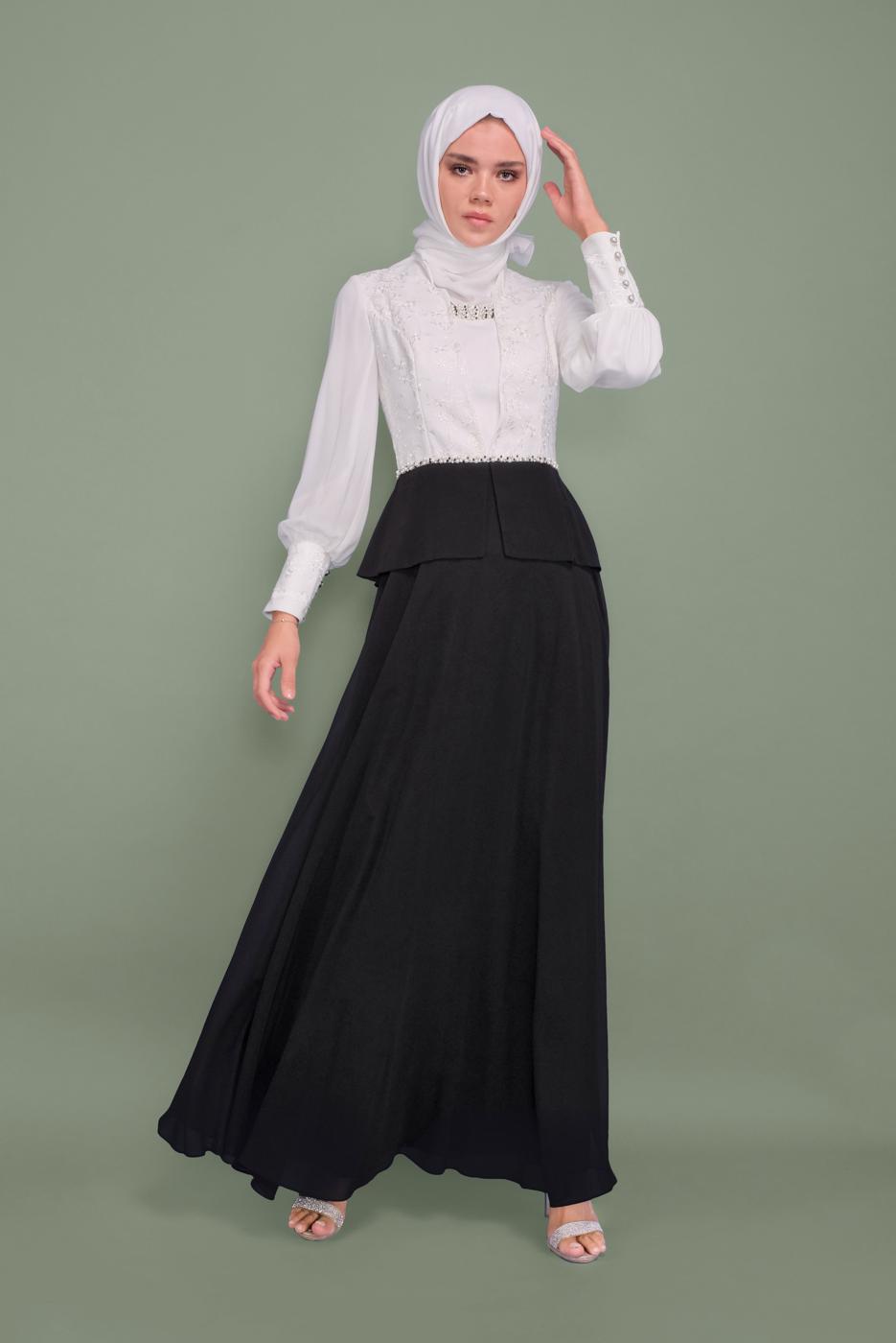 Tesettür giyim SİYAH İNCİ VE İŞLEME DETAYLI ŞİFON ABİYE ELBİSE 5954 