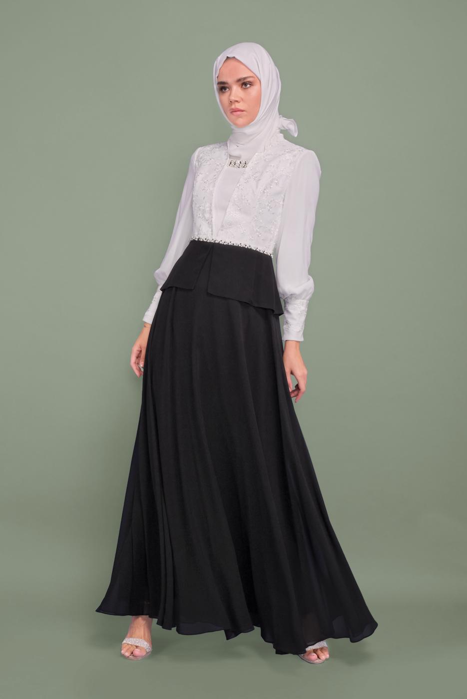 Tesettür giyim SİYAH İNCİ VE İŞLEME DETAYLI ŞİFON ABİYE ELBİSE 5954 