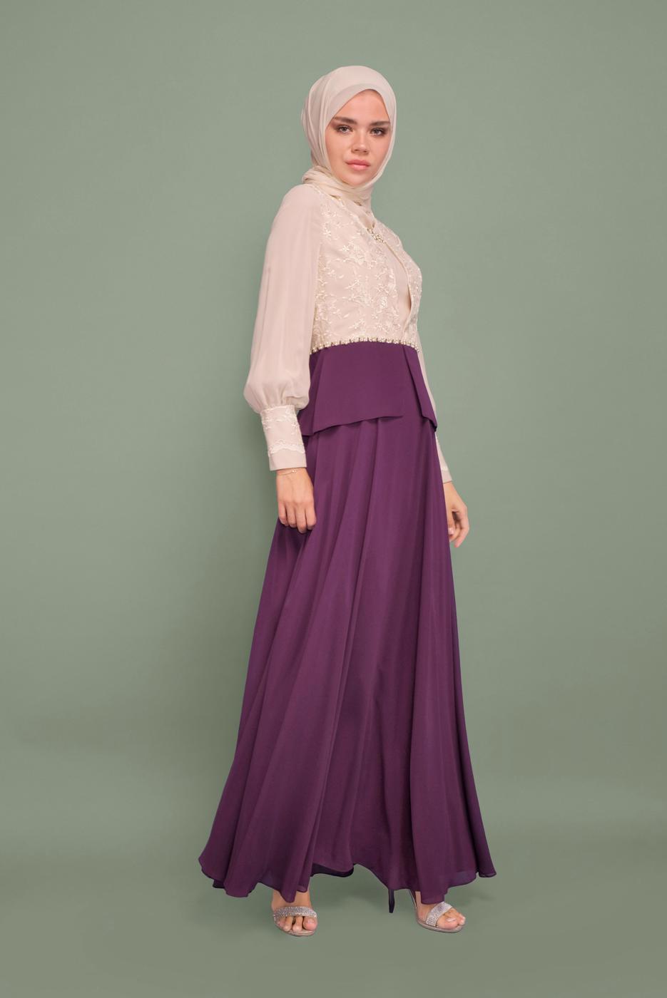 Tesettür giyim MOR İNCİ VE İŞLEME DETAYLI ŞİFON ABİYE ELBİSE 5954 