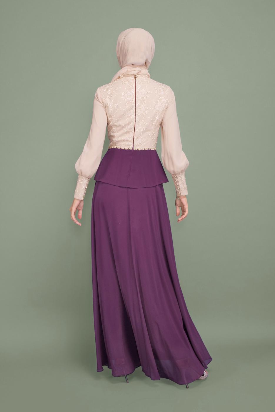 Tesettür giyim MOR İNCİ VE İŞLEME DETAYLI ŞİFON ABİYE ELBİSE 5954 
