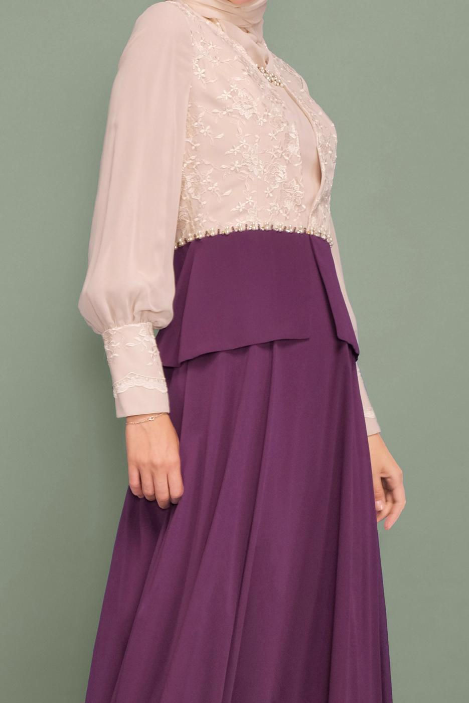 Tesettür giyim MOR İNCİ VE İŞLEME DETAYLI ŞİFON ABİYE ELBİSE 5954 