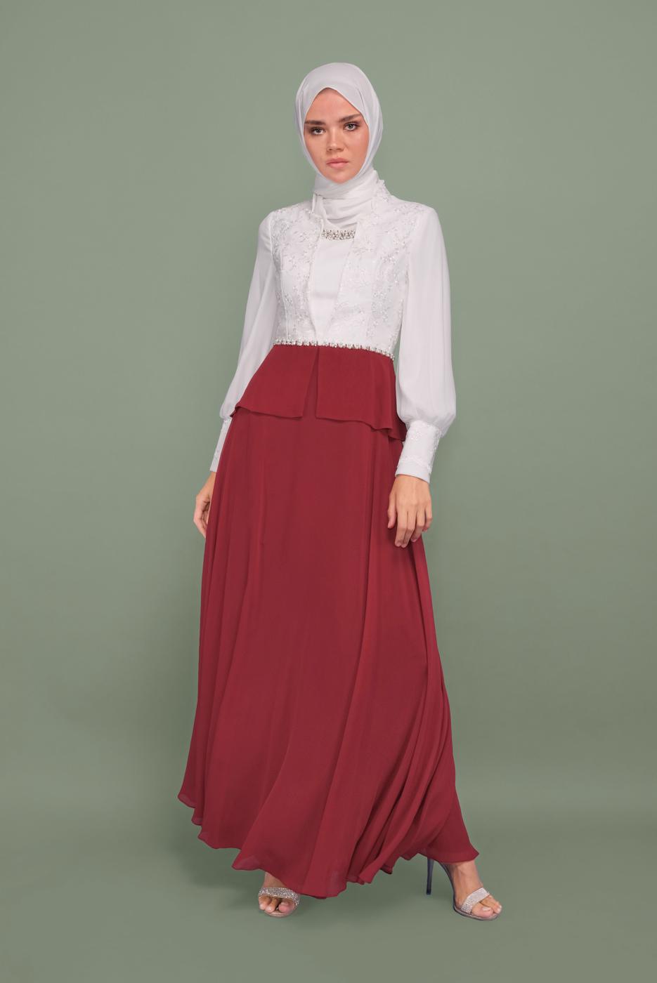 Tesettür giyim BORDO İNCİ VE İŞLEME DETAYLI ŞİFON ABİYE ELBİSE 5954 