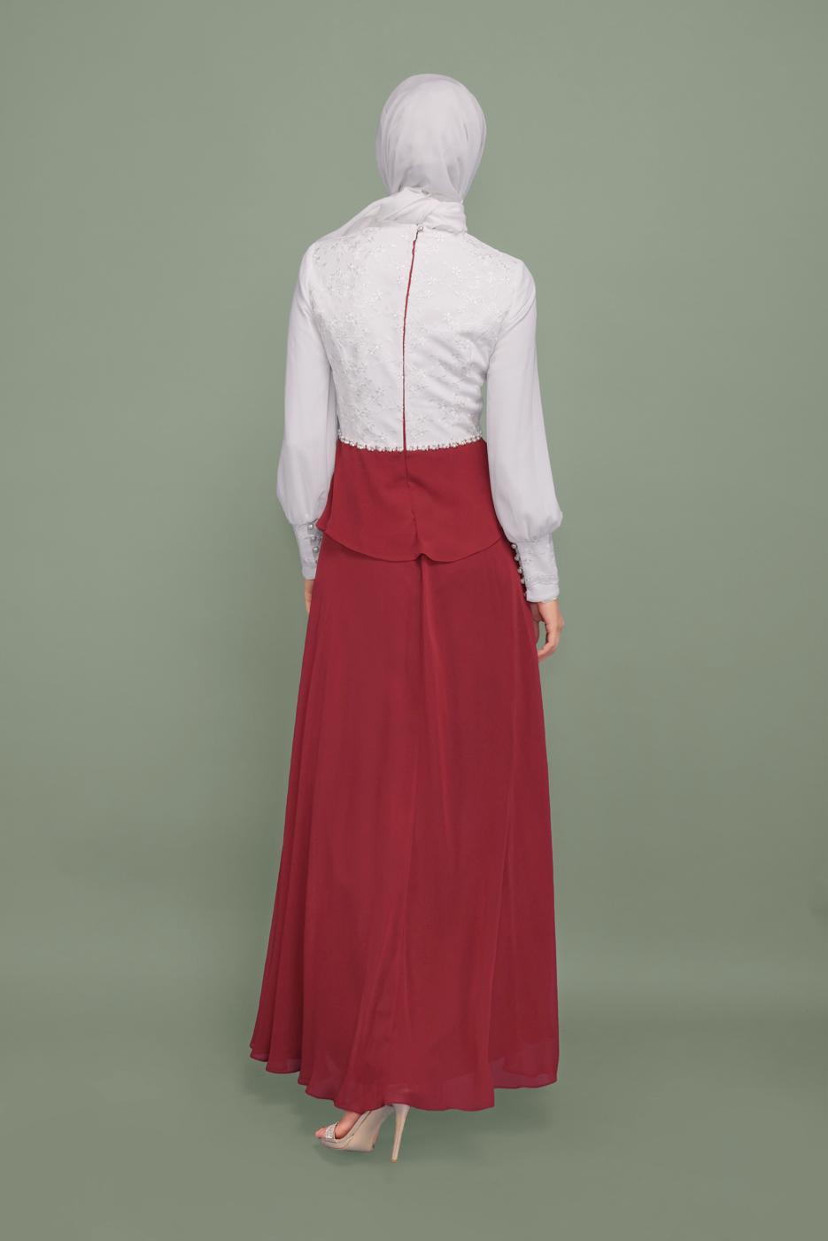 Tesettür giyim BORDO İNCİ VE İŞLEME DETAYLI ŞİFON ABİYE ELBİSE 5954 