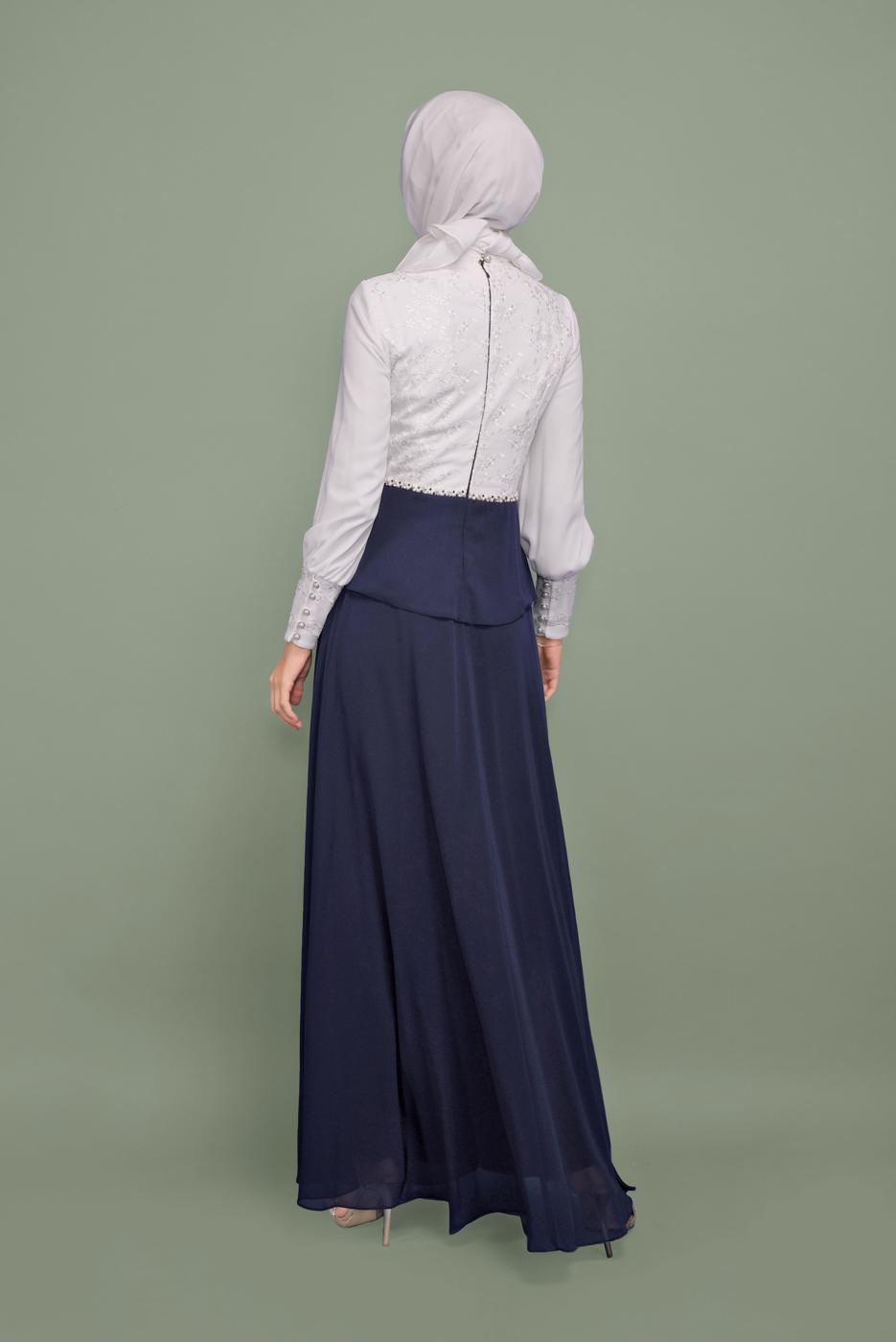Tesettür giyim LACİVERT İNCİ VE İŞLEME DETAYLI ŞİFON ABİYE ELBİSE 5954 