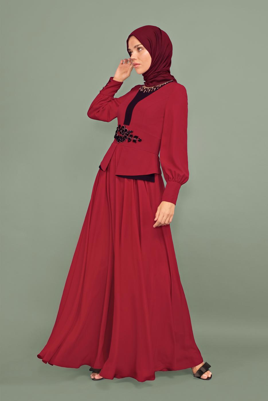 Tesettür giyim BORDO NAKIŞ İŞLEMELİ BONCUKLU ABİYE T 5957