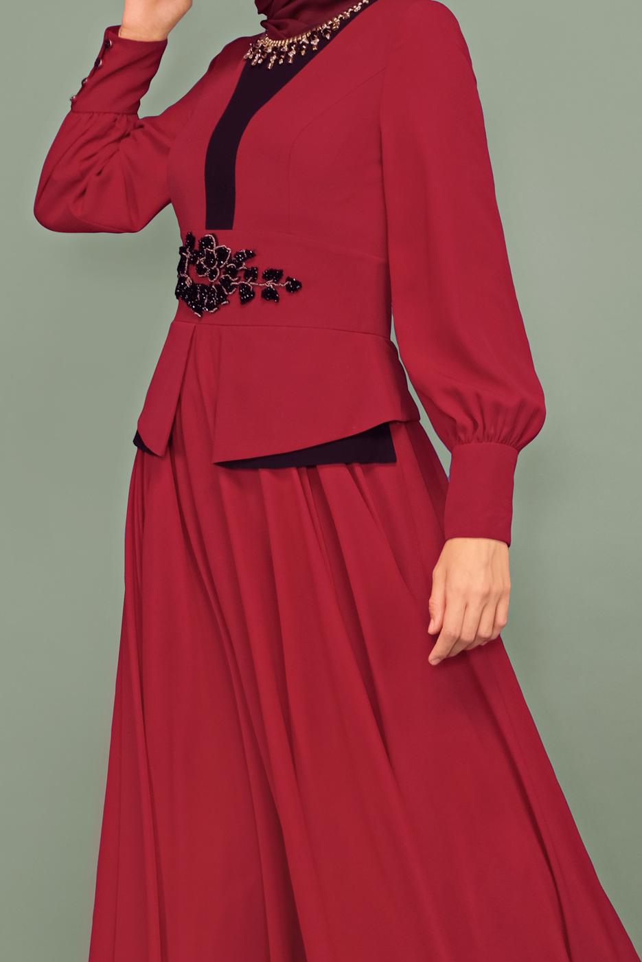 Tesettür giyim BORDO NAKIŞ İŞLEMELİ BONCUKLU ABİYE T 5957