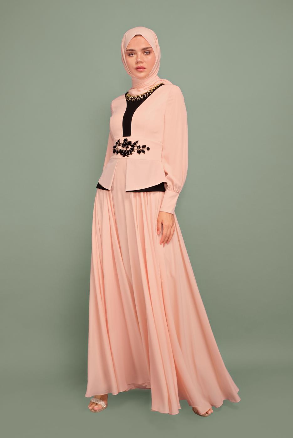 Tesettür giyim PUDRA NAKIŞ İŞLEMELİ BONCUKLU ABİYE T 5957