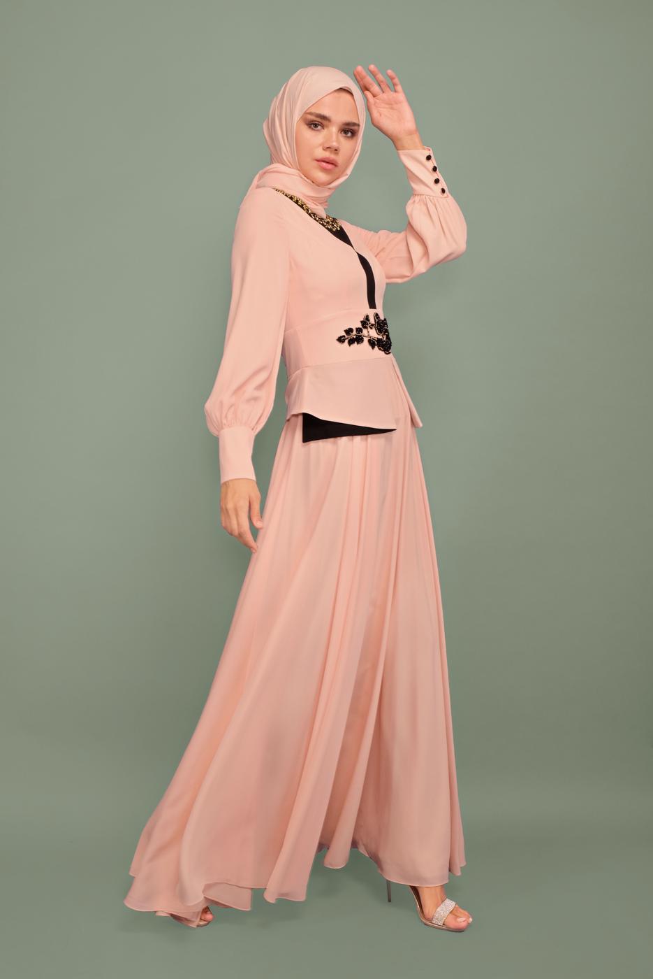Tesettür giyim PUDRA NAKIŞ İŞLEMELİ BONCUKLU ABİYE T 5957