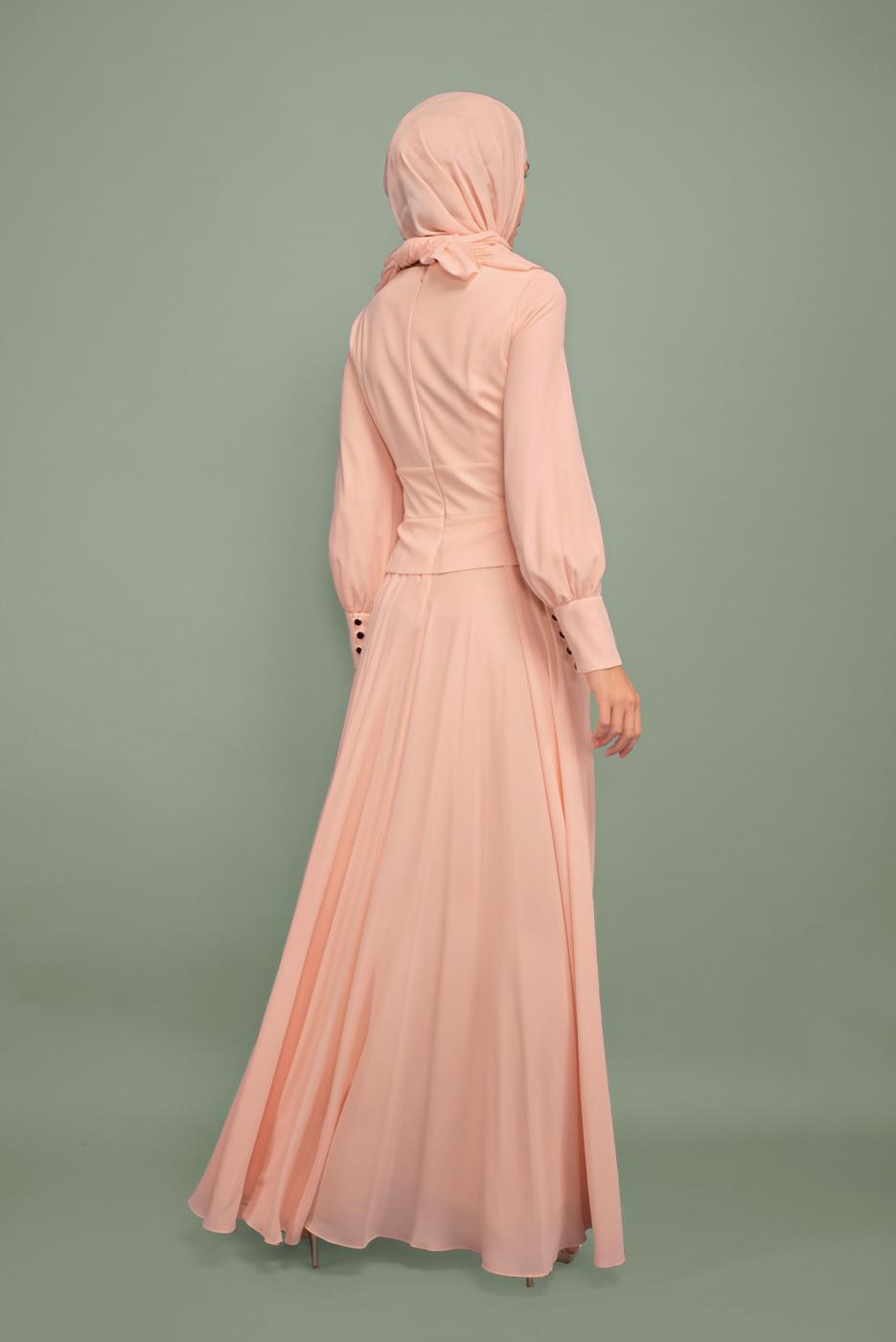Tesettür giyim PUDRA NAKIŞ İŞLEMELİ BONCUKLU ABİYE T 5957